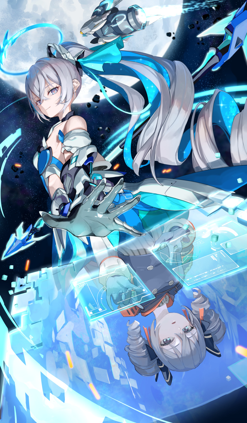 1girl absurdres armor bare_shoulders blue_hair blue_jacket blue_ribbon bronya_zaychik bronya_zaychik_(herrscher_of_truth) bronya_zaychik_(valkyrie_chariot) buttons closed_mouth commentary_request cropped_jacket crossed_bangs different_reflection double-breasted drill_hair drill_ponytail dual_persona expressionless eyelashes floating_hair full_moon gloves grey_eyes grey_gloves grey_hair grey_shirt hair_between_eyes hair_ornament hair_ribbon halo high_ponytail highres holding holding_polearm holding_weapon holographic_interface holographic_monitor honkai_(series) honkai_impact_3rd jacket long_hair looking_at_viewer moon multicolored_hair night night_sky open_mouth outstretched_arm polearm ponytail red_pupils reflection ribbon roena shirt sidelocks sky smile solo star_(sky) starry_sky twin_drills two-tone_hair upside-down very_long_hair weapon