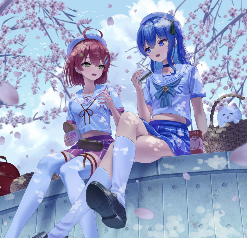 2girls absurdres alternate_costume asakura_(asa_t77) blue_eyes blue_sky blush cherry_blossoms clouds day green_eyes highres hololive hoshimachi_suisei kneehighs loafers looking_at_another multiple_girls open_mouth sailor_collar sakura_miko school_uniform shirt shoes sitting skirt sky smile socks thigh-highs virtual_youtuber white_thighhighs