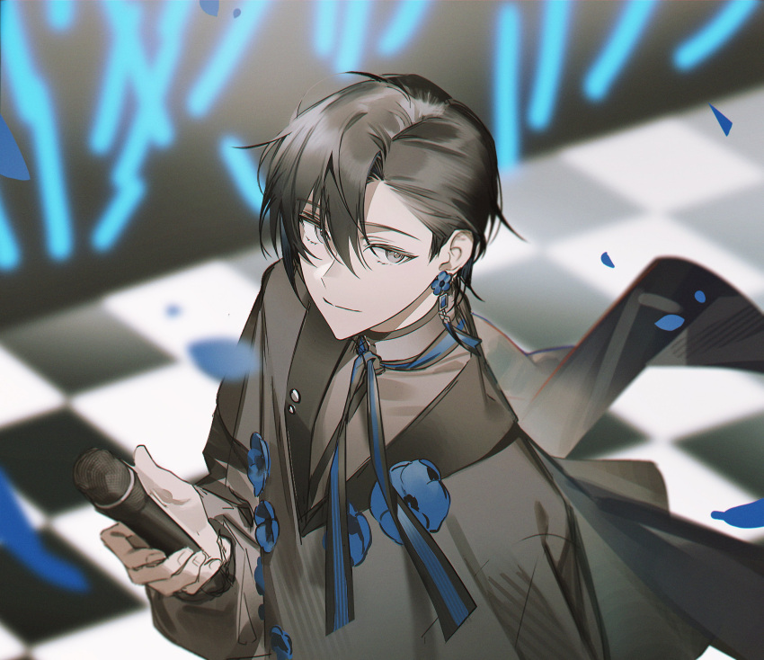 1boy absurdres bishounen black_eyes black_hair blue_flower closed_mouth earrings falling_petals flower flower_earrings glowstick hair_between_eyes highres holding holding_microphone idol jewelry long_sleeves looking_at_viewer male_focus microphone original petals smile solo stage upper_body yanu_0000