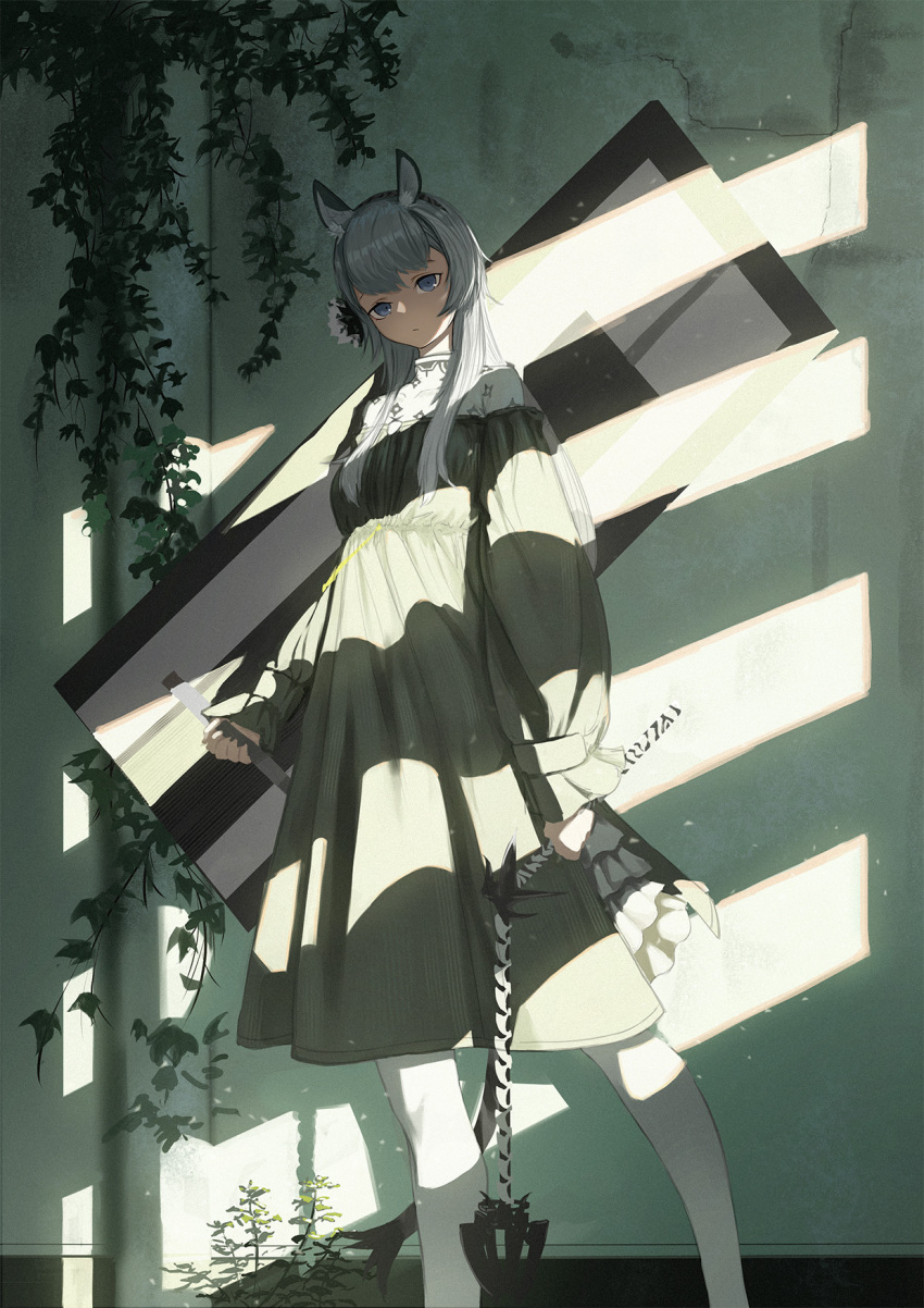 1girl animal_ear_fluff animal_ears arknights black_dress breasts closed_mouth dress feet_out_of_frame grey_eyes grey_hair heavyrain_(arknights) highres holding holding_flail holding_sword holding_weapon light_rays long_hair long_sleeves looking_at_viewer pantyhose plant small_breasts solo standing sword tail weapon white_pantyhose yakupan