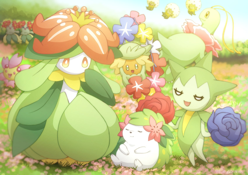 :d artist_name bellossom blue_flower blue_rose blue_sky blurry blurry_background bright_pupils bush cherrim cherrim_(sunshine) closed_eyes closed_mouth comfey commentary day eldegoss flower grass green_eyes highres lilligant looking_at_another looking_down meganium monaka_(hc_pkmn) no_humans open_mouth outdoors pink_flower pokemon pokemon_(creature) red_flower red_rose rose roselia_(pokemon) shaymin shaymin_(land) sitting sky smile standing symbol-only_commentary twitter_username white_pupils yellow_eyes