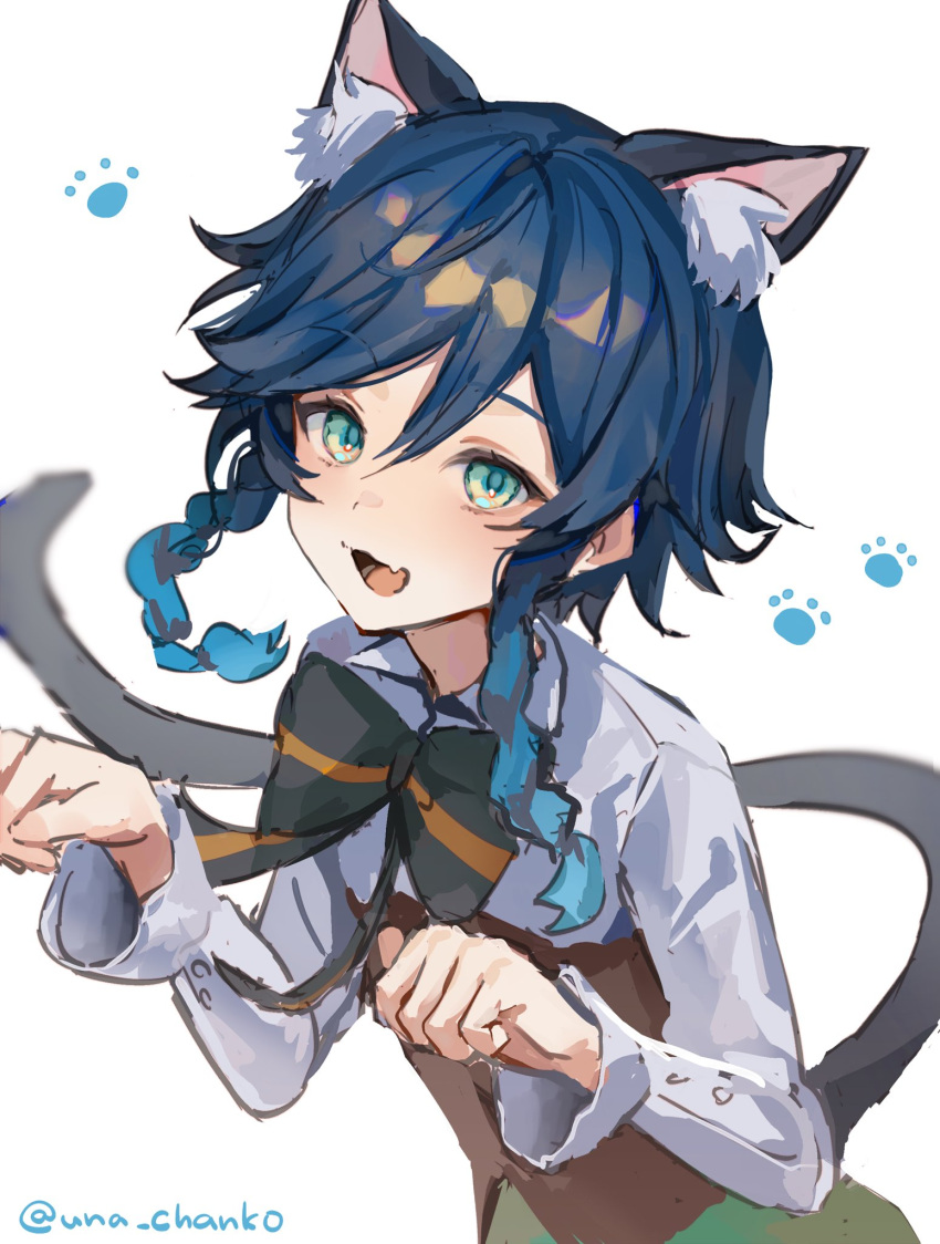 1boy animal_ear_fluff animal_ears black_bow black_bowtie black_hair blue_eyes blue_hair bow bowtie braid brown_corset cat_boy cat_ears cat_tail commentary_request corset frilled_sleeves frills genshin_impact gradient_hair green_shorts highres long_sleeves male_focus multicolored_hair paw_pose short_hair_with_long_locks shorts solo tail twin_braids unacha venti_(genshin_impact)