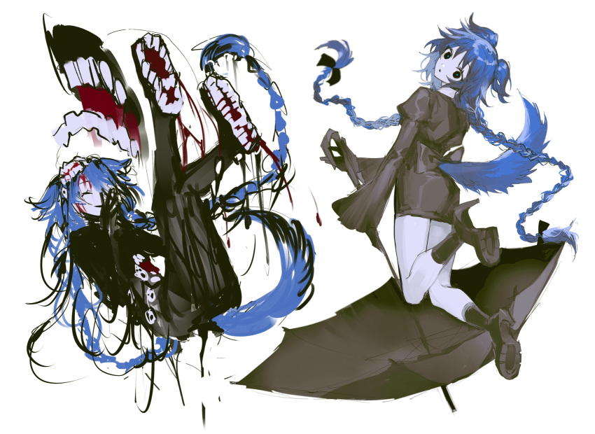 1girl animal_ears black_dress black_eyes black_footwear black_gloves black_pantyhose blue_hair blue_pupils boots braid closed_mouth dog_ears dog_tail dress e.g.o_(project_moon) employee_(lobotomy_corporation) full_body gloves high_heel_boots high_heels highres ink juliet_sleeves lobotomy_corporation long_hair long_sleeves looking_at_viewer mask mountain_of_smiling_bodies multicolored_hair multiple_views original pantyhose platform_footwear project_moon puffy_sleeves remsrar sidelocks simple_background streaked_hair tail teeth twin_braids umbrella very_long_hair white_background