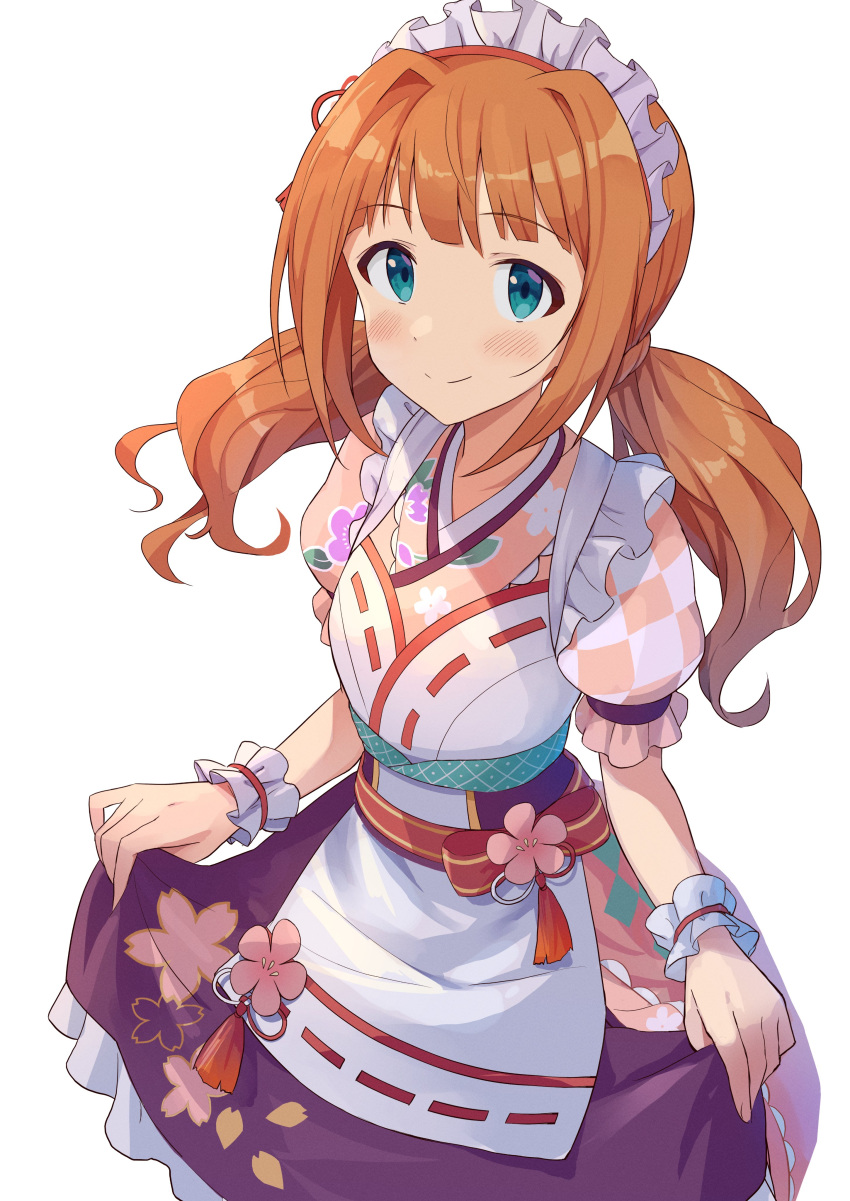 1girl absurdres blush brown_hair checkered_clothes cherry_blossoms closed_mouth dress floral_print green_eyes hair_ornament highres idolmaster idolmaster_(classic) idolmaster_million_live! idolmaster_million_live!_theater_days lifted_by_self long_hair looking_at_viewer maid_headdress multicolored_clothes multicolored_dress pink_dress puffy_short_sleeves puffy_sleeves sash scrunchie short_sleeves shuucream_(syuichi) simple_background smile solo standing takatsuki_yayoi twintails white_background