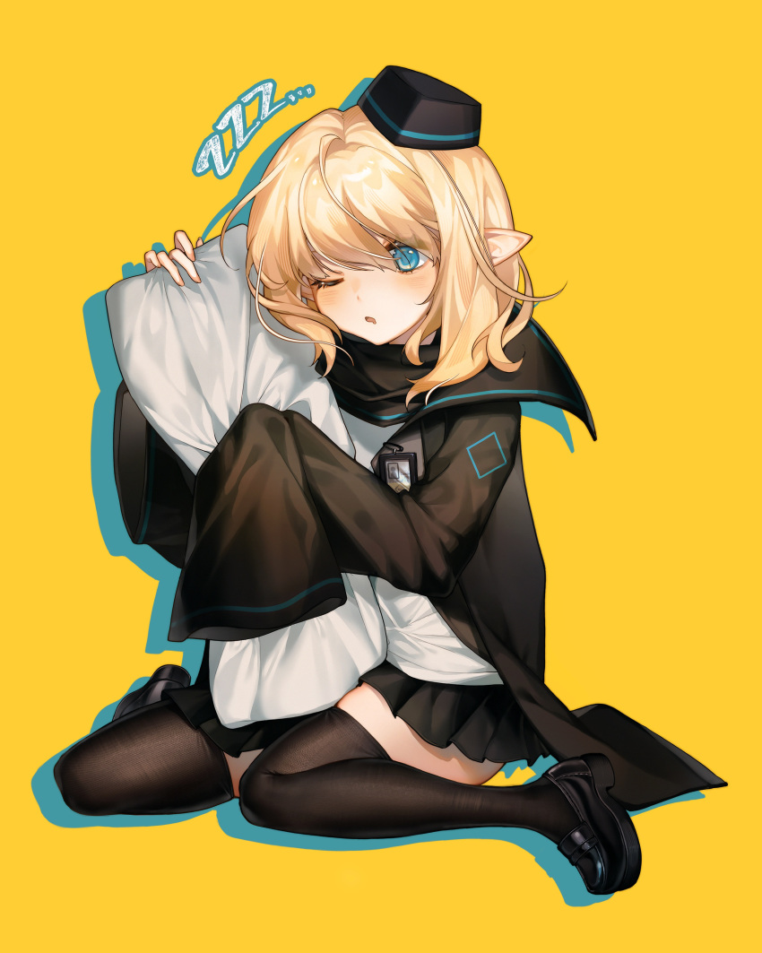 1girl absurdres achunzi arknights black_coat black_footwear black_headwear black_skirt black_thighhighs blonde_hair blue_eyes blush coat durin_(arknights) fingernails full_body hands_up hat highres holding holding_pillow id_card long_sleeves looking_at_viewer medium_hair object_hug one_eye_closed open_clothes open_coat parted_lips pillow pillow_hug pointy_ears shoes simple_background sitting skirt sleeves_past_fingers sleeves_past_wrists solo thigh-highs wariza yellow_background zzz