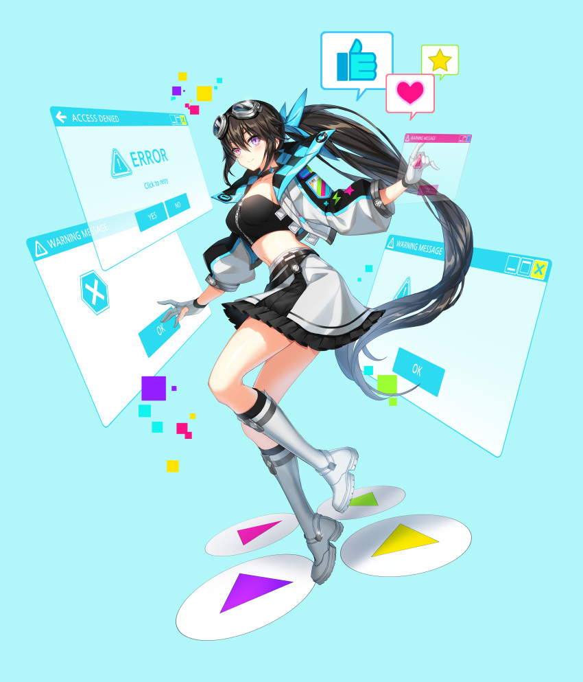 1girl absurdres aqua_background bai_winchester black_hair black_skirt black_tube_top blue_bow blue_jacket boots bow breasts closers cropped_jacket error_message eyewear_on_head foot_up frilled_skirt frills from_side full_body gloves goggles goggles_on_head hair_bow hands_up heart heterochromia highres jacket knee_boots large_breasts long_hair long_sleeves looking_to_the_side midriff multicolored_clothes multicolored_jacket official_art open_clothes open_jacket outstretched_arms partially_fingerless_gloves play_button pointing ponytail puffy_long_sleeves puffy_sleeves red_eyes skirt smile solo spoken_heart spoken_star spoken_thumbs_up spread_arms star_(symbol) strapless tachi-e tube_top two-tone_jacket two-tone_skirt very_long_hair violet_eyes white_footwear white_gloves white_jacket white_skirt window_(computing) zipper zipper_pull_tab