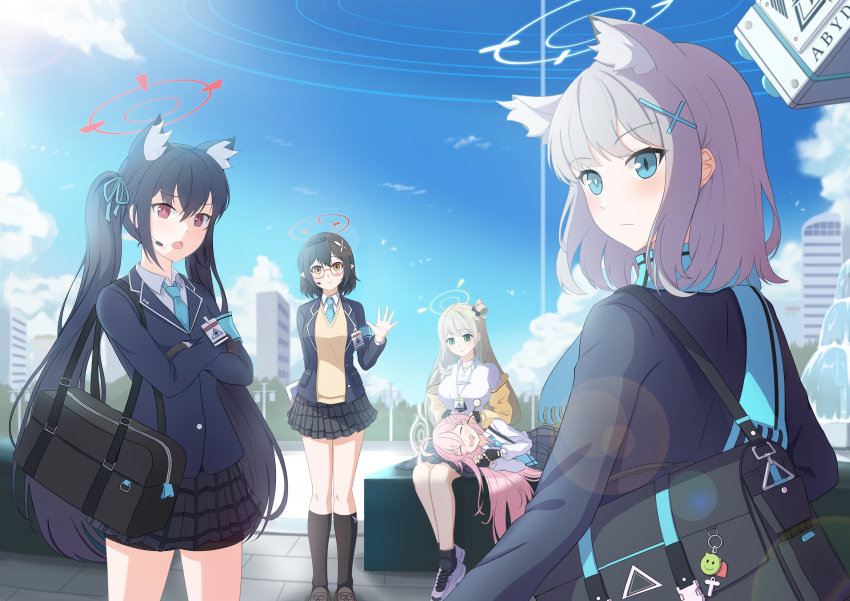5girls absurdres animal_ear_fluff animal_ears ayane_(blue_archive) back bag bag_charm black_gloves black_hair black_socks blazer blue_archive blue_eyes blue_necktie blue_scarf blue_sky blurry bow braid brown_eyes building cat_ears cat_girl charm_(object) clouds cloudy_sky collared_shirt commentary_request crossed_arms crown_braid depth_of_field fingerless_gloves from_behind glasses gloves green_eyes grey_hair hair_between_eyes hair_bow hair_bun hair_ornament hair_ribbon halo headset highres hoshino_(blue_archive) id_card jacket jihi kneehighs long_hair long_sleeves looking_at_viewer looking_back lying_on_lap medium_hair mismatched_pupils multiple_girls necktie nonomi_(blue_archive) open_clothes open_jacket pink_hair plaid plaid_skirt pleated_skirt pointy_ears red-framed_eyewear red_eyes ribbon scarf school_bag school_uniform serika_(blue_archive) shiroko_(blue_archive) shirt shoes short_hair shoulder_bag shoulder_strap sidelocks single_side_bun sitting skirt sky skyline skyscraper sleeping sleeping_on_person smile sneakers socks sweater_under_jacket waving wolf_ears wolf_girl yellow_jacket
