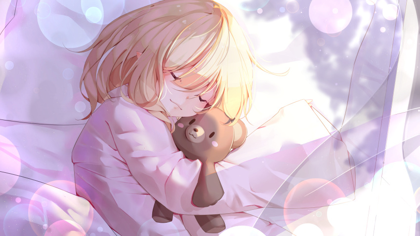 1girl :3 alternate_costume arknights blonde_hair closed_eyes closed_mouth commentary death-ying durin_(arknights) highres lying medium_hair object_hug on_side pajamas pink_pajamas pointy_ears sleeping sleeves_past_wrists solo stuffed_animal stuffed_toy teddy_bear upper_body wide_sleeves