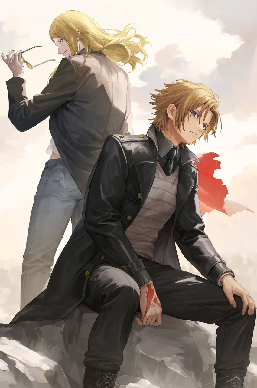 2boys black_coat black_necktie black_pants blonde_hair boots coat collared_shirt command_spell daybit_sem_void denim fate/grand_order fate_(series) floating_hair from_behind hand_on_own_knee highres holding holding_eyewear jeans kouzuki_kei long_hair looking_at_viewer looking_back male_focus multiple_boys necktie open_clothes open_coat pants profile shirt signature sitting standing striped striped_sweater sunglasses sweater tezcatlipoca_(fate) violet_eyes