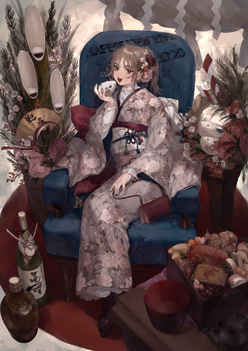 1girl black_eyes floral_print flower food full_body hair_flower hair_ornament highres japanese_clothes kimono looking_at_viewer original ozyako sidelocks solo white_flower