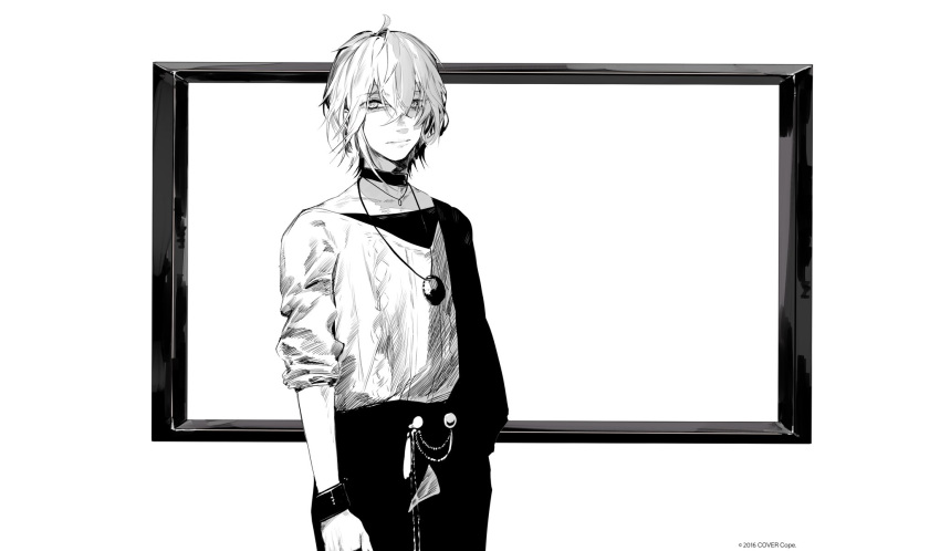 1boy bangle bracelet choker closed_mouth coat copyright cowboy_shot crossed_bangs empty_picture_frame expressionless greyscale hair_between_eyes highres holostars jewelry looking_at_viewer male_focus monochrome official_art pants pendant picture_frame rikka_(holostars) shirt short_hair simple_background single_sleeve solo standing sweater unrefle virtual_youtuber white_background