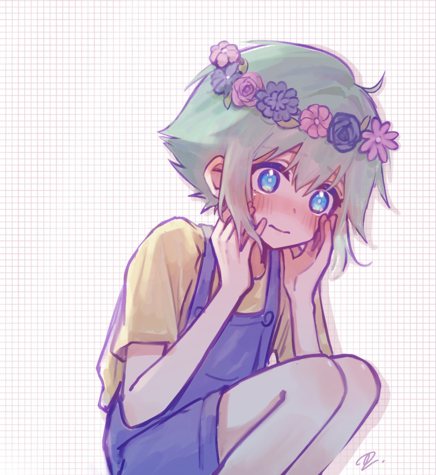 1boy basil_(omori) blue_overalls blush closed_mouth green_eyes green_hair hands_on_own_cheeks hands_on_own_face head_wreath highres looking_away omori overall_shorts overalls rofekinoko shirt short_hair short_sleeves solo squatting yellow_shirt