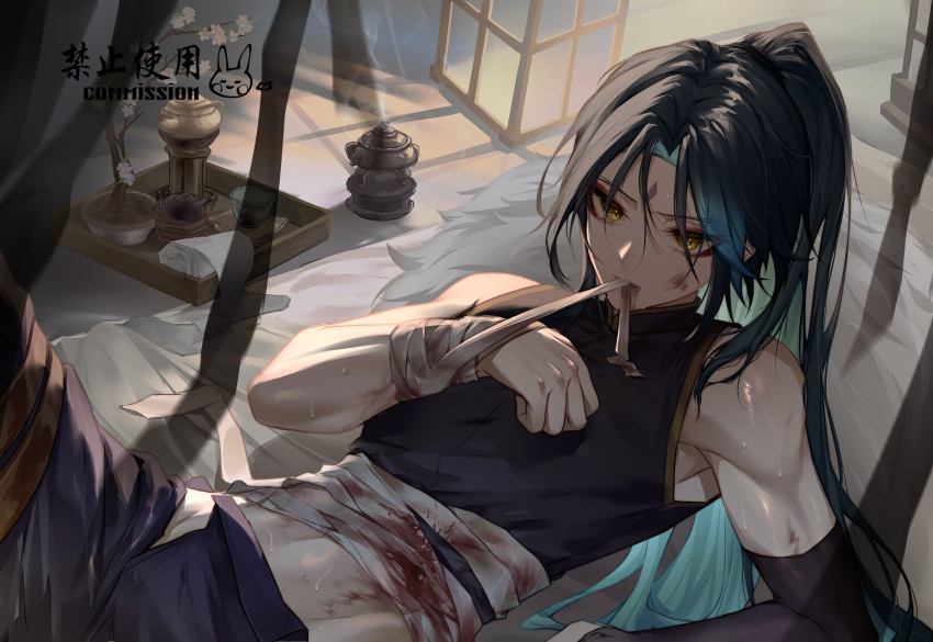 1boy alternate_hairstyle asymmetrical_gloves bandaged_arm bandaged_chest bandaged_wrist bandages bed black_hair blood_on_face bloody_bandages bloody_mouth crop_top eyeshadow forehead_mark genshin_impact gloves green_hair kuko_(geeeee_ss) long_hair male_focus mouth_hold muscle pants ponytail red_eyeshadow solo stomach sweat xiao_(genshin_impact) yellow_eyes