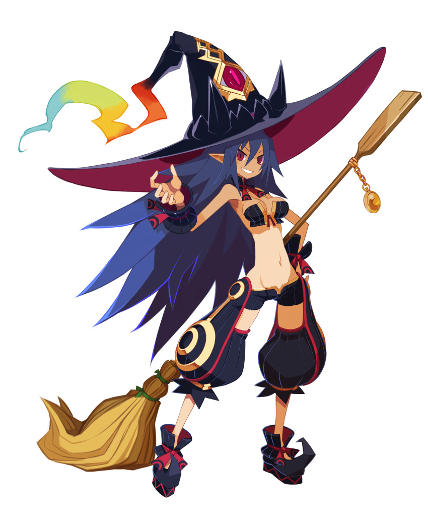 1girl adhesive_bra blue_hair broom cosplay disgaea disgaea_rpg full_body genderswap genderswap_(mtf) grin groin hat highres laharl laharl-chan large_hat long_hair metallica_(majo_to_hyakkihei) metallica_(majo_to_hyakkihei)_(cosplay) navel non-web_source official_art photoshop_(medium) pointy_ears pointy_footwear red_eyes slit_pupils smile solo standing transparent_background very_long_hair witch_hat wrist_cuffs