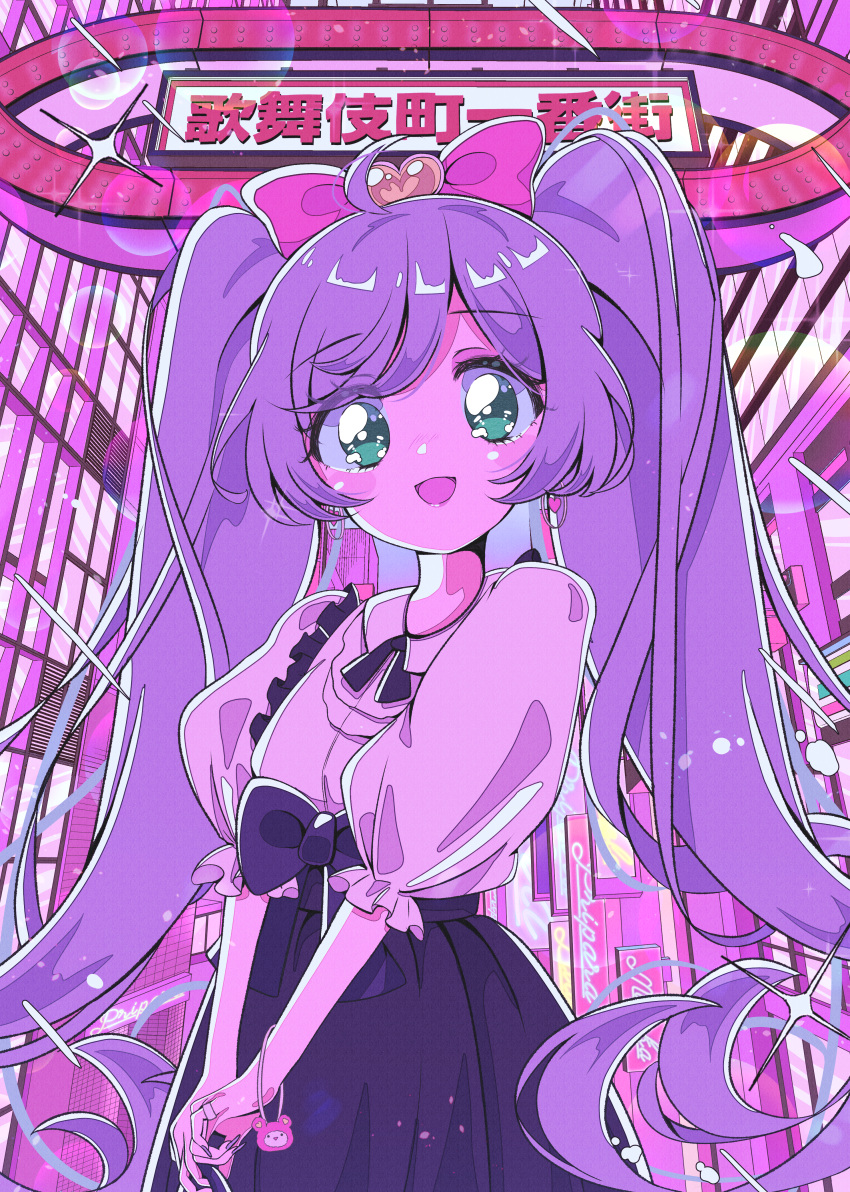 1girl absurdres ahoge blush bow building earrings eyelashes fingernails frilled_sleeves frills green_eyes hair_bow hair_ribbon highres jewelry lipstick long_fingernails long_hair looking_at_viewer makeup manaka_lala milon_cas open_mouth pretty_(series) pripara puffy_sleeves purple_hair retro_artstyle ribbon smile solo twintails window
