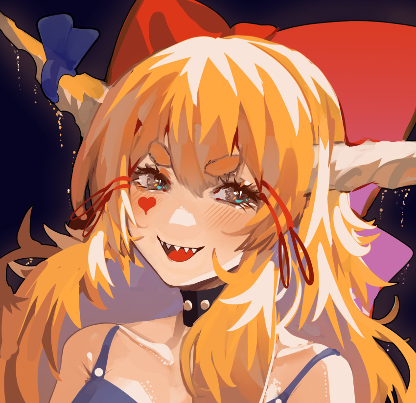 1girl :d black_background bow commentary english_commentary fangs hair_bow heart heart_tattoo highres horn_ornament horn_ribbon horns ibuki_suika long_hair open_mouth orange_hair purple_ribbon red_bow ribbon sharp_teeth short_eyebrows sidelocks simple_background smile solo tattoo teeth tomatolover16 touhou upper_body