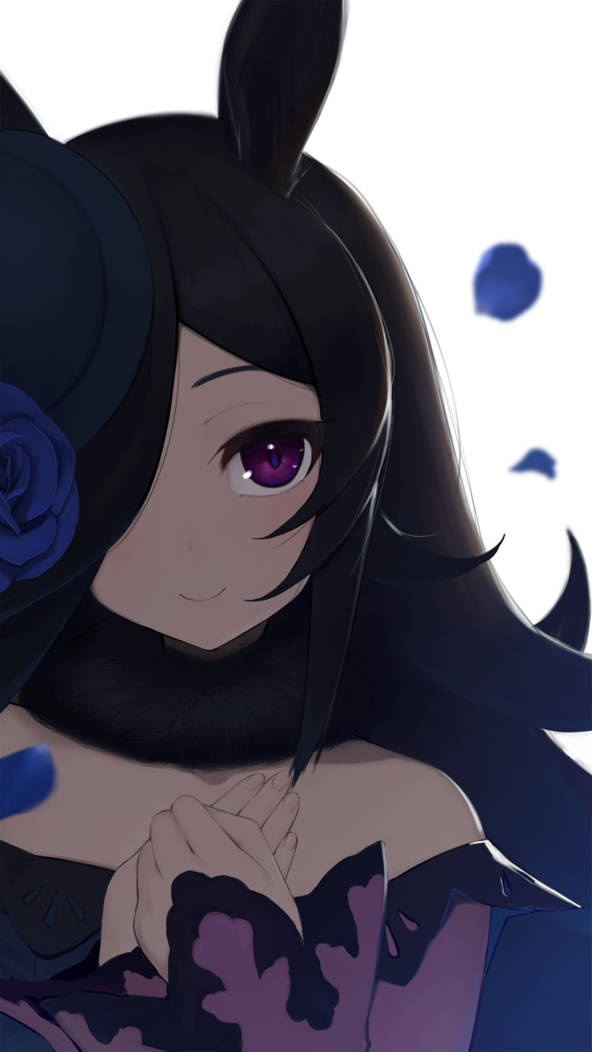 1girl animal_ears backlighting black_hair blue_dress blue_flower blue_headwear blue_rose closed_mouth commentary_request dress flower fur_collar hair_over_one_eye hand_on_own_chest hat hat_flower highres horse_ears horse_girl long_bangs long_hair long_sleeves looking_at_viewer off-shoulder_dress off_shoulder partial_commentary petals rice_shower_(umamusume) rose simple_background smile solo tilted_headwear umamusume upper_body violet_eyes white_background yohia