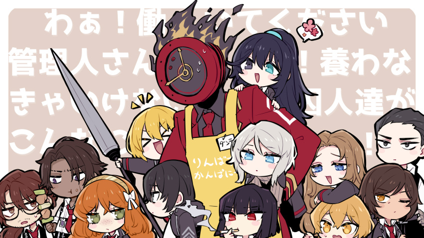 &gt;_&lt; 1other 6+boys 6+girls apron black_eyes black_hair black_shirt black_vest blonde_hair blue_eyes blush_stickers brown_eyes brown_hair brown_hairband brown_sweater chewing cigarette clock closed_mouth coat collared_shirt commentary_request dante_(limbus_company) dark-skinned_male dark_skin don_quixote_(limbus_company) facial_hair faust_(limbus_company) food food_on_face freckles glasses green_eyes gregor_(limbus_company) hair_ribbon hairband heathcliff_(limbus_company) heterochromia highres holding holding_cigarette holding_food holding_polearm holding_weapon hong_lu_(limbus_company) ishmael_(limbus_company) kebab lance limbus_company long_hair long_sleeves meursault_(limbus_company) multiple_boys multiple_girls necktie object_head one_eye_closed open_clothes open_coat open_mouth orange_hair outis_(limbus_company) parted_bangs polearm project_moon red_coat red_eyes red_necktie ribbed_sweater ribbon rodion_(limbus_company) ryoshu_(limbus_company) sanpaku shiki_(shikki46) shirt short_hair short_sleeves sinclair_(limbus_company) smile smoking stubble suspenders sweat sweater translation_request turtleneck turtleneck_sweater vest weapon white_hair white_ribbon white_shirt yellow_apron yellow_eyes yi-sang_(limbus_company)