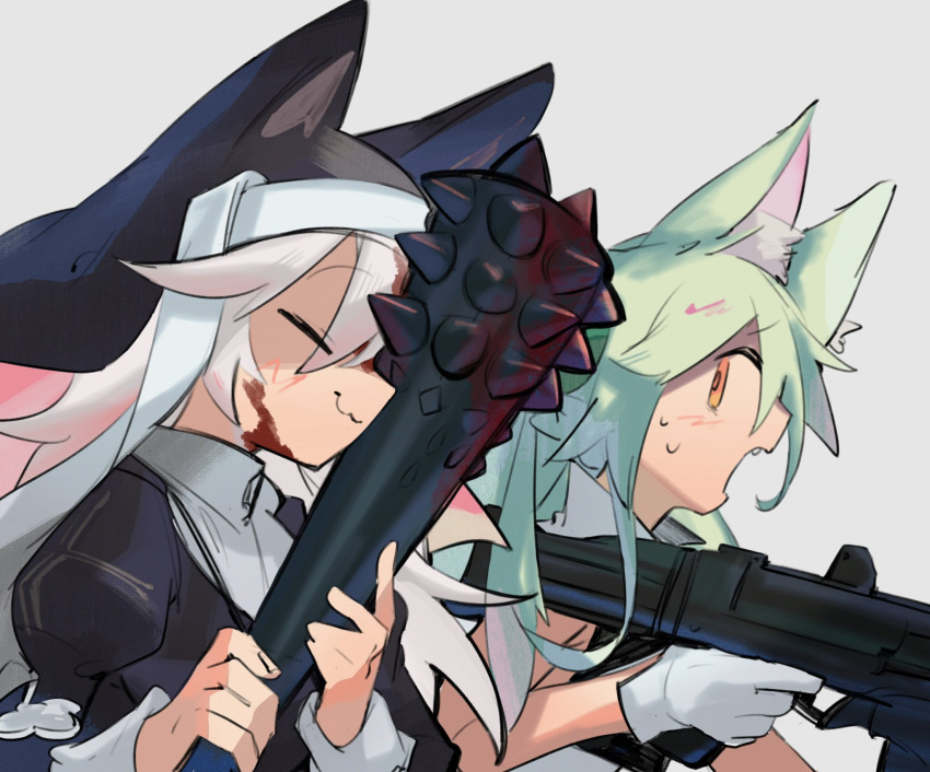 2girls :3 animal_ear_headwear animal_ears art556_(girls'_frontline) assault_rifle black_dress blood blood_on_face blood_on_weapon blush chesed_(uporyz) closed_eyes club_(weapon) commentary_request dress from_side girls_frontline gloves green_hair grey_background gun highres holding holding_gun holding_weapon juliet_sleeves long_hair long_sleeves multiple_girls nun open_mouth orange_eyes p7_(girls'_frontline) profile puffy_sleeves rifle simple_background spiked_club sweat taurus_art556 upper_body weapon white_gloves