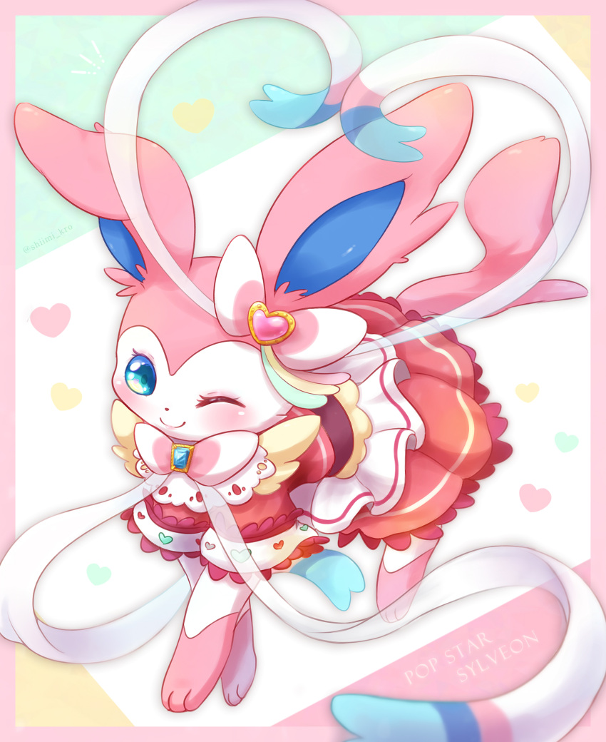 absurdres blue_eyes blush bow bowtie closed_mouth clothed_pokemon dress english_text eyelashes frills full_body heart highres no_humans one_eye_closed pink_bow pink_bowtie pokemon shii_(no-va_could) smile solo square sylveon