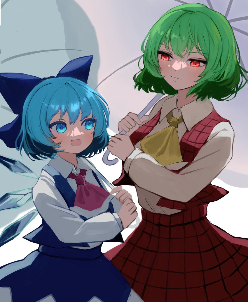 2girls :d absurdres ascot blue_bow blue_eyes blue_hair blue_skirt blue_vest bow cirno closed_mouth collared_shirt commentary cosplay detached_wings green_hair hair_bow highres holding holding_umbrella ice ice_wings kazami_yuuka kazami_yuuka_(cosplay) long_sleeves looking_at_another mikan_(manmarumikan) multiple_girls open_mouth plaid plaid_skirt plaid_vest red_ascot red_eyes red_skirt red_vest shirt short_hair simple_background skirt smile touhou umbrella vest white_background white_shirt wings yellow_ascot