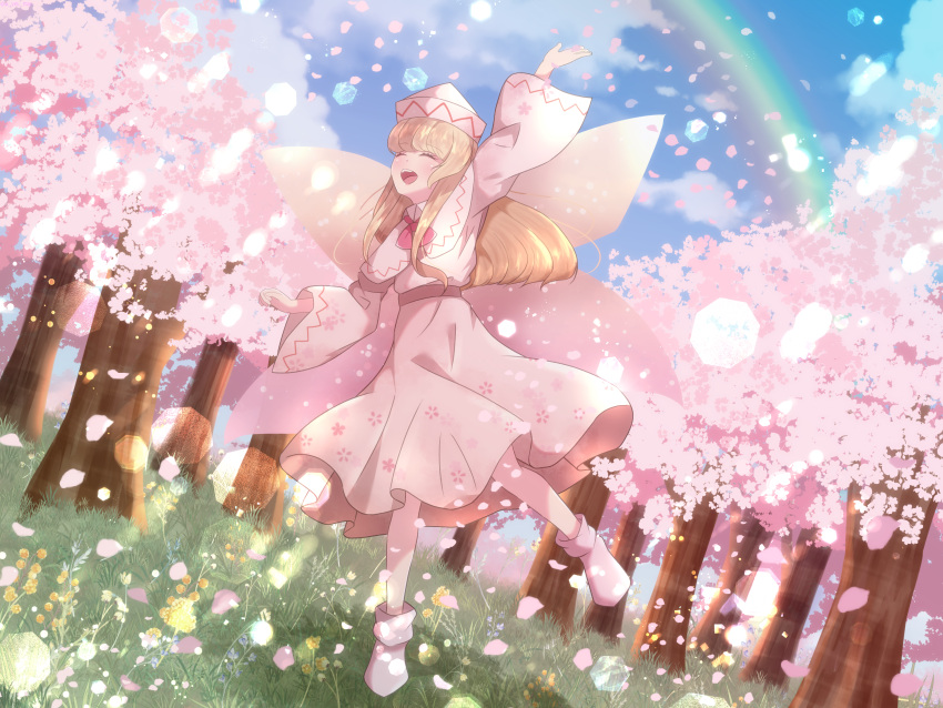 1girl absurdres blonde_hair cattleya_(a_yel_ttac) cherry_blossoms clouds cloudy_sky dress fairy_wings floral_print flower grass highres lily_white long_hair long_sleeves rainbow sky smile solo touhou tree white_dress white_headwear wings yellow_flower
