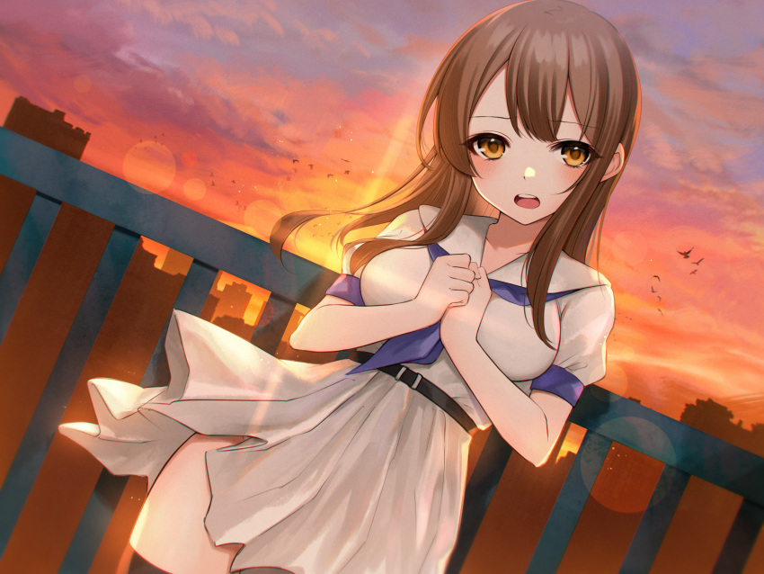1girl animal bird blue_neckerchief breasts brown_hair cityscape commentary_request dress hand_up highres hoshimiya_aki long_hair looking_at_viewer medium_breasts neckerchief open_mouth orange_eyes original outdoors own_hands_together puffy_short_sleeves puffy_sleeves railing sailor_collar sailor_dress short_sleeves solo sunset teeth upper_teeth_only white_dress white_sailor_collar