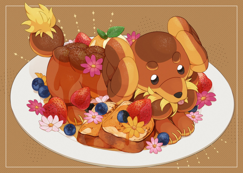 blueberry brown_background brown_eyes commentary_request dachsbun flower food french_toast fruit full_body highres ice_cream ktyon3 leaf looking_at_viewer mint no_humans open_mouth pink_flower plate pokemon pokemon_(creature) simple_background solo strawberry syrup tongue tongue_out yellow_flower