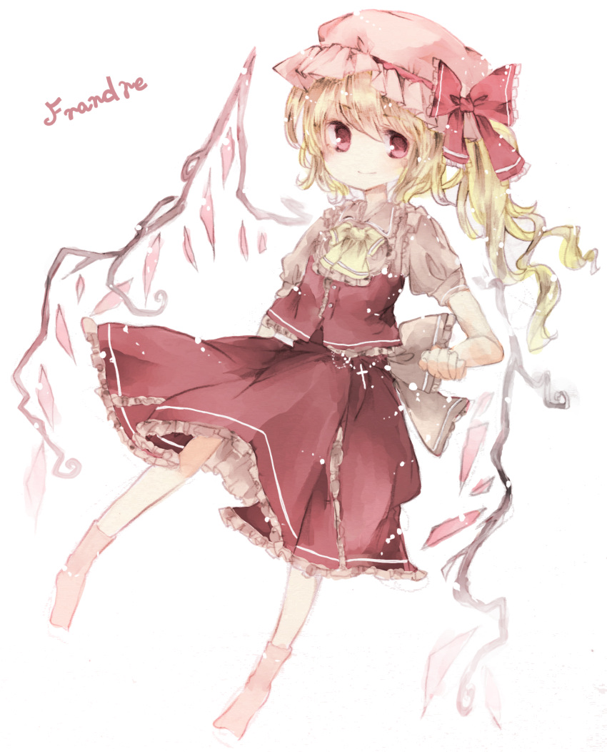 1girl ascot back_bow blonde_hair bow character_name closed_mouth collared_shirt commentary_request flandre_scarlet frilled_ascot frilled_shirt_collar frills hat hat_ribbon highres light_smile long_hair looking_at_viewer mob_cap no_shoes one_side_up pink_headwear puffy_short_sleeves puffy_sleeves red_eyes red_ribbon red_skirt red_vest ribbon sato_imo shirt short_sleeves simple_background skirt skirt_set socks solo touhou vest white_background white_bow white_shirt wings yellow_ascot