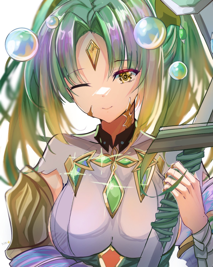 1girl blonde_hair breasts bubble chest_jewel closed_mouth commentary dress english_commentary fire_emblem fire_emblem_heroes forehead forehead_jewel gradient_hair green_hair heidr_(fire_emblem) highres holding holding_weapon large_breasts long_hair looking_at_viewer multicolored_hair novembertimex one_eye_closed parted_bangs simple_background smile solo twintails two-tone_hair weapon white_background white_dress yellow_eyes