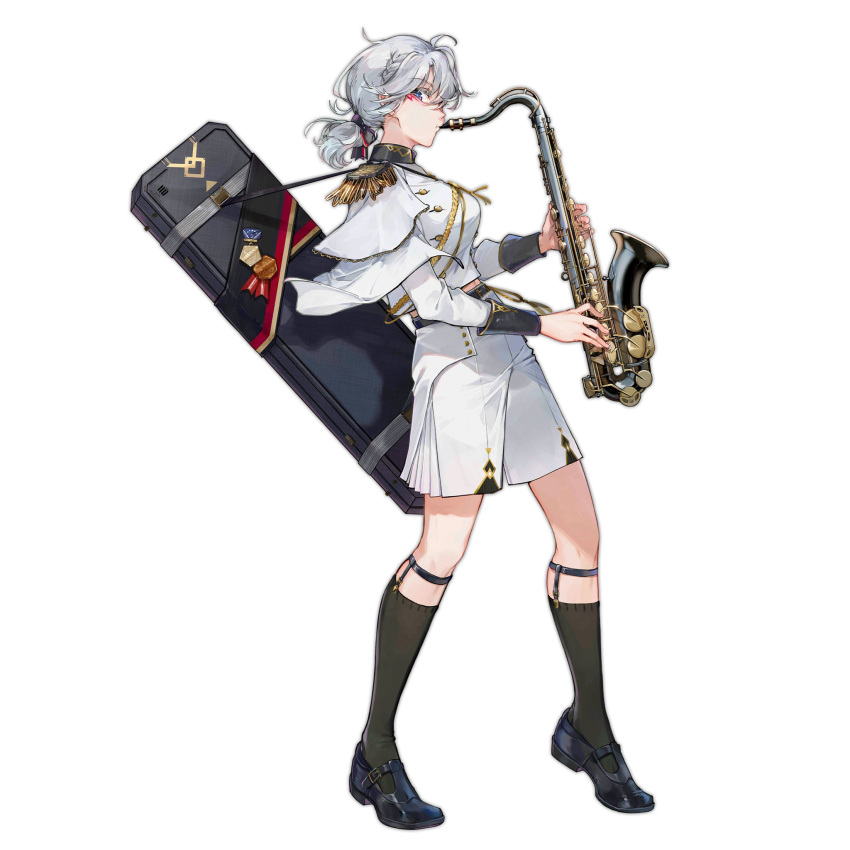 1girl black_footwear black_ribbon black_socks breasts epaulettes facial_mark from_side full_body girls_frontline hair_ribbon highres holding holding_instrument instrument kneehighs large_breasts lightning_bolt_symbol looking_at_viewer looking_to_the_side marching_band medal medium_hair midriff music official_alternate_costume official_art playing_instrument ribbon saxophone shorts shuzi simple_background sl8_(girls'_frontline) sl8_(improvised_rhapsody)_(girls'_frontline) socks solo standing transparent_background violet_eyes weapon_case white_hair white_shorts