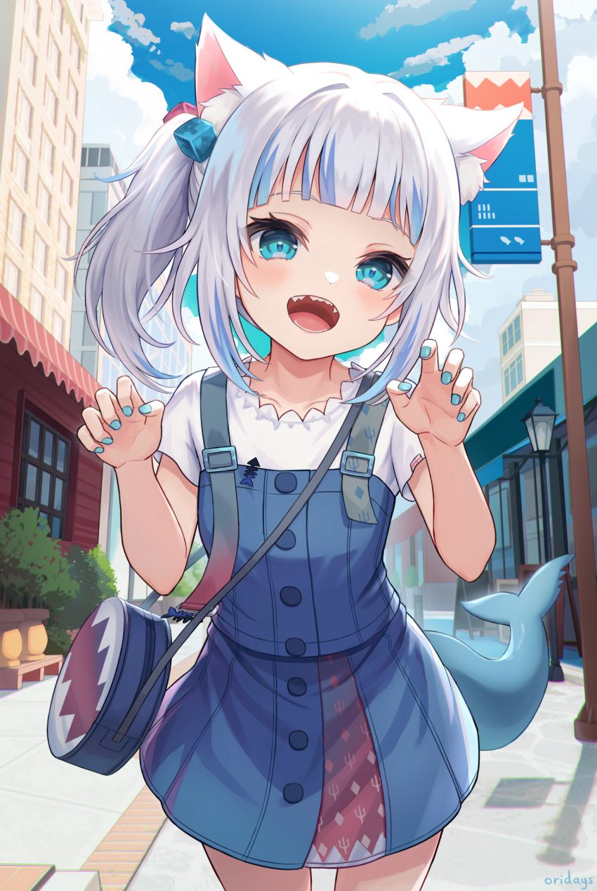 1girl animal_ears bag blue_eyes blue_hair blush casual cat_ears fins fish_tail gawr_gura highres hololive hololive_english looking_at_viewer medium_hair multicolored_hair official_alternate_costume open_mouth oridays shark_girl shark_tail sharp_teeth short_sleeves shoulder_bag side_ponytail skirt solo tail teeth two-tone_hair virtual_youtuber white_hair