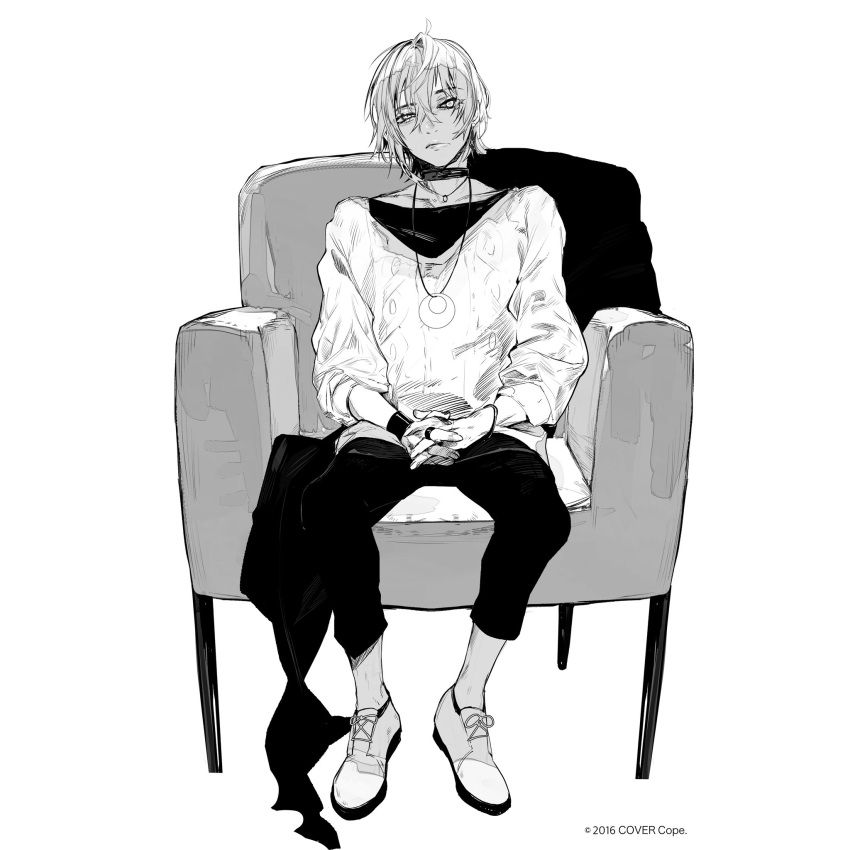 1boy armchair bracelet chair choker closed_mouth coat coat_removed copyright crossed_bangs full_body greyscale hair_between_eyes highres holostars interlocked_fingers jewelry looking_at_viewer male_focus monochrome official_art own_hands_together pants pendant raised_eyebrows rikka_(holostars) ring shirt shoes short_hair simple_background sitting solo sweater uneven_eyes unrefle virtual_youtuber white_background