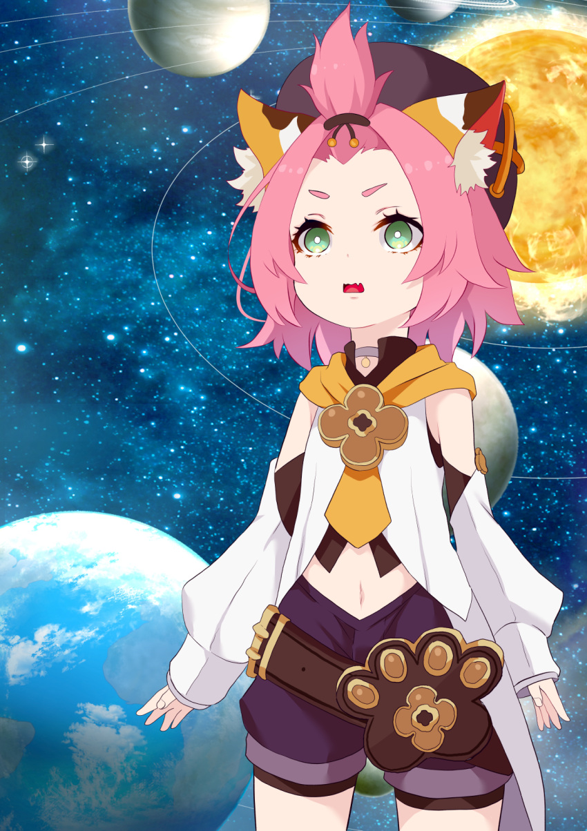 1girl :o animal_ear_fluff animal_ears awestruck bag bangs_pinned_back belt black_shorts cat_ears cat_girl cat_tail commentary_request detached_sleeves diona_(genshin_impact) earth_(planet) genshin_impact hair_ribbon hat highres long_sleeves looking_away looking_up meme midriff moon navel paw_print pendant_choker planet puffy_detached_sleeves puffy_shorts puffy_sleeves ribbon short_hair shorts sidelocks sky solo space space_cat_(meme) star_(sky) starry_sky sun surprised tail thick_eyebrows yasehattagi