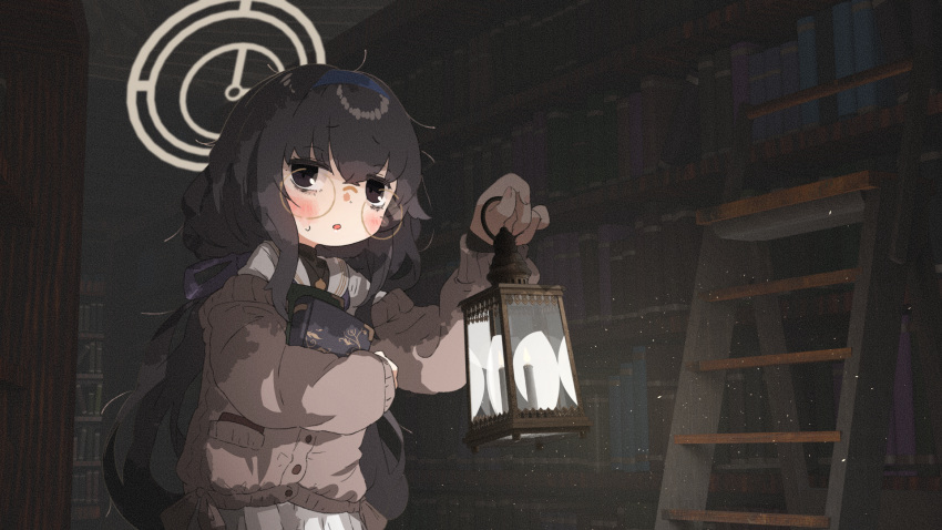 1girl amonitto band black_eyes black_hair blue_archive blurry blush book bookshelf bow commentary_request depth_of_field dual_wielding glasses hair_between_eyes hair_bow hair_ribbon halo highres holding holding_book holding_lantern lantern library long_hair looking_at_viewer low_twintails parted_lips pleated_skirt ribbed_sweater ribbon school_uniform serafuku sidelocks skirt solo stairs sweatdrop sweater turtleneck turtleneck_sweater twintails ui_(blue_archive)