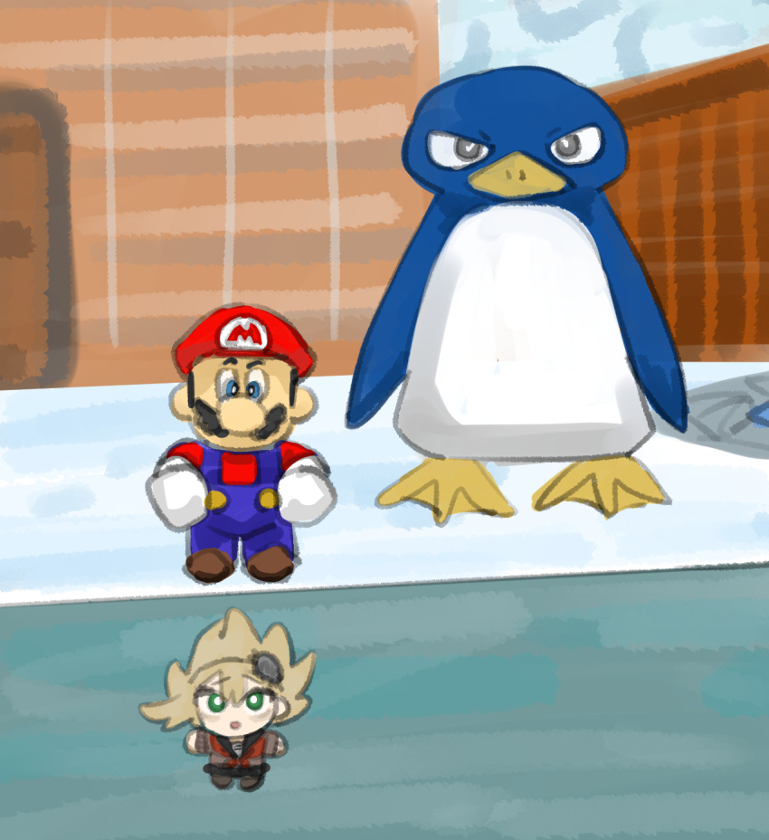 1boy 1girl animal bird black_sailor_collar black_skirt blonde_hair blue_eyes blue_overalls bright_pupils brown_shirt chibi dropping facial_hair falling floating_hair gloves green_eyes hat highres house ledge mario matangom matangomu-chan mustache neckerchief original overalls oversized_animal parody penguin penguin_(mario) raised_eyebrows red_headwear red_neckerchief red_shirt sailor_collar scene_reference school_uniform serafuku shirt shoes skirt snow standing super_mario_64 super_mario_bros. white_gloves white_pupils