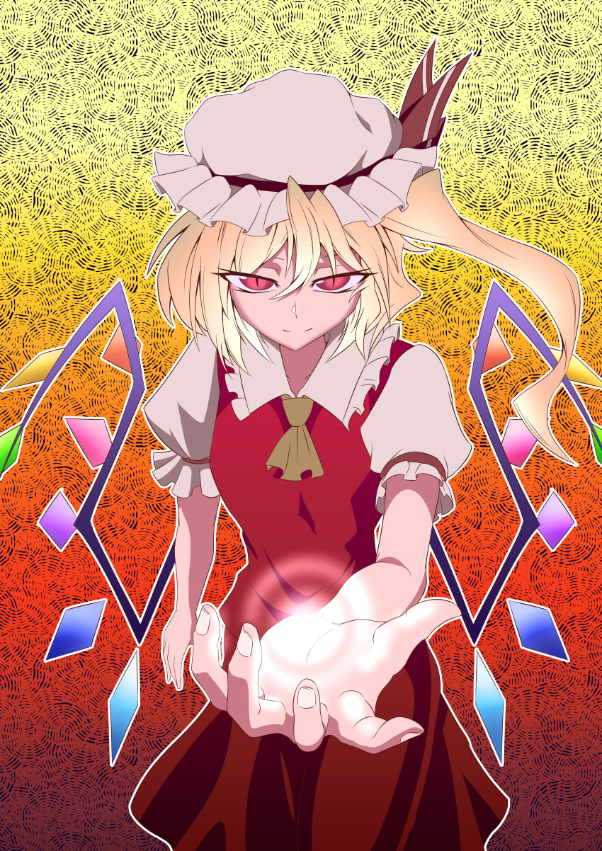 1girl absurdres ascot blonde_hair breasts closed_mouth collared_shirt commentary_request cowboy_shot crystal dress flandre_scarlet frilled_shirt_collar frills gradient_background hat hat_ribbon highres kduf long_hair looking_at_viewer mob_cap one_side_up orange_background pinafore_dress reaching_towards_viewer red_dress red_eyes red_ribbon ribbon shirt slit_pupils small_breasts smile solo touhou white_headwear white_shirt wings yellow_ascot yellow_background