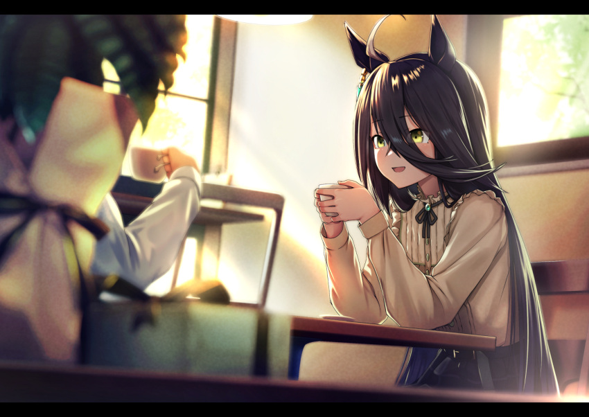 1girl 1other ahoge animal_ears black_hair black_skirt blurry blurry_foreground chair cup earrings elbow_rest flat_chest hair_between_eyes holding holding_cup horse_ears indoors jewelry long_hair long_sleeves manhattan_cafe_(umamusume) neck_ribbon open_mouth plant potted_plant ribbon shirt shirt_tucked_in single_earring sitting skirt smile table teacup tks_(526tks) umamusume upper_body white_shirt window yellow_eyes yellow_shirt
