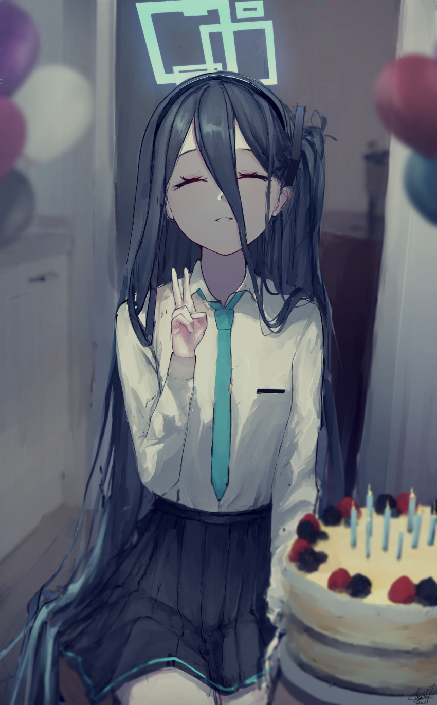 1girl absurdres aris_(blue_archive) balloon black_hair black_skirt blue_archive blue_necktie cake candle closed_eyes collared_shirt food hairband halo hand_up highres kyatto-mikazu long_hair long_sleeves necktie one_side_up pleated_skirt shirt sitting skirt smile solo v very_long_hair white_shirt