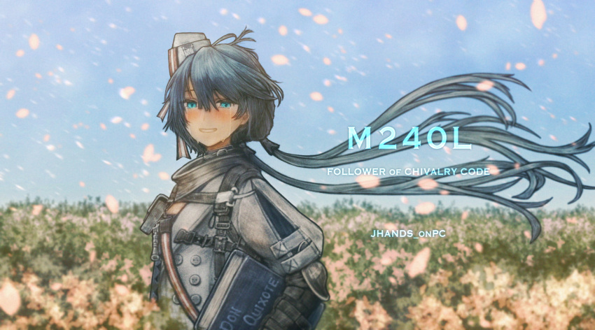 1girl artist_name blue_eyes blue_hair blurry blurry_background blush book character_name crying crying_with_eyes_open english_text field flower flower_field girls_frontline hair_between_eyes hat highres holding holding_book jacket jhands_onpc long_hair looking_at_viewer m240l_(girls'_frontline) outdoors petals sky smile solo tears twintails upper_body