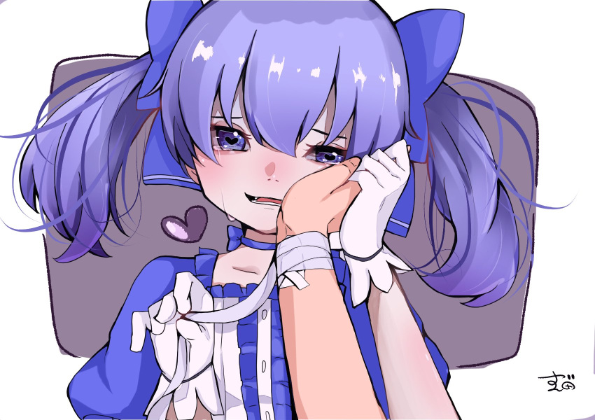 1girl bandaged_wrist bandages blue_bow blue_choker blue_dress blue_eyes blue_hair bow choker coco_pino_umai commentary_request crying dress gloves hand_on_another's_cheek hand_on_another's_face heart heart-shaped_pupils highres long_hair nijisanji open_mouth puffy_short_sleeves puffy_sleeves short_sleeves solo symbol-shaped_pupils virtual_youtuber white_gloves yuuki_chihiro