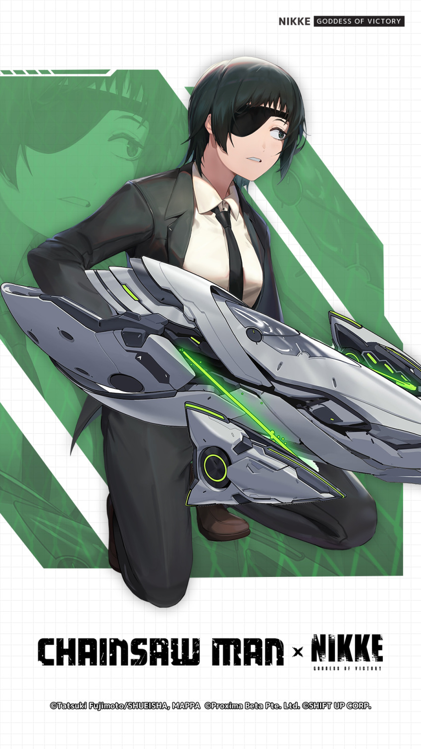 1girl black_jacket black_necktie black_pants business_suit chainsaw_man collared_shirt crossover eyepatch formal goddess_of_victory:_nikke green_eyes gun highres himeno_(chainsaw_man) holding holding_gun holding_weapon jacket long_sleeves looking_to_the_side necktie official_art pants shirt shirt_tucked_in short_hair suit weapon white_shirt