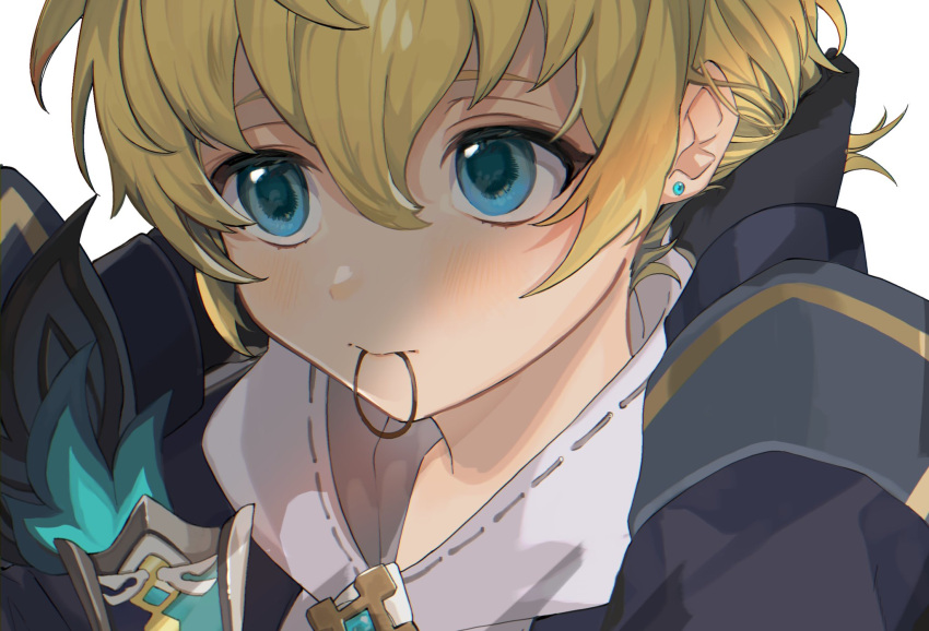 1boy black_gloves blonde_hair blue_eyes blue_jacket earrings genshin_impact gloves highres hood hoodie jacket jewelry long_sleeves looking_at_viewer male_focus mika_(genshin_impact) mouth_hold nakura_hakuto short_hair short_ponytail stud_earrings white_hoodie