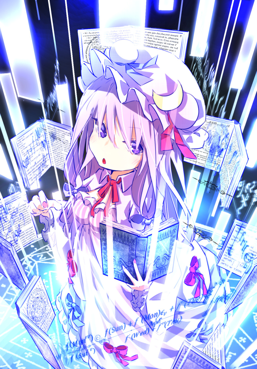 1girl arawara book clip_studio_paint_(medium) commentary crescent crescent_pin dress equation from_above hat highres holding holding_book long_hair looking_at_viewer mob_cap open_mouth patchouli_knowledge purple_dress purple_hair purple_headwear solo spell_card standing striped striped_dress touhou