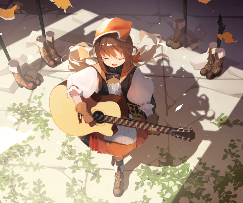 1girl acoustic_guitar boots brown_gloves brown_hair character_name closed_eyes commentary dress english_commentary falcon_(girls'_frontline) from_above full_body girls_frontline gloves guitar head_scarf highres holding holding_instrument instrument long_hair music open_mouth outdoors playing_instrument smile solo suginakara_(user_ehfp8355)