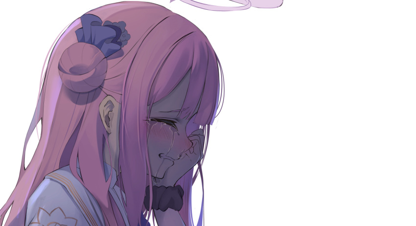 1girl backlighting blue_archive blunt_bangs blush capelet clenched_teeth commentary_request crying facing_away flower from_side hair_bun hair_flower hair_ornament hair_scrunchie halo highres long_hair looking_away micchamu mika_(blue_archive) one_side_up pink_hair profile scrunchie sidelocks simple_background single_side_bun solo streaming_tears tears teeth white_background white_capelet wrist_scrunchie
