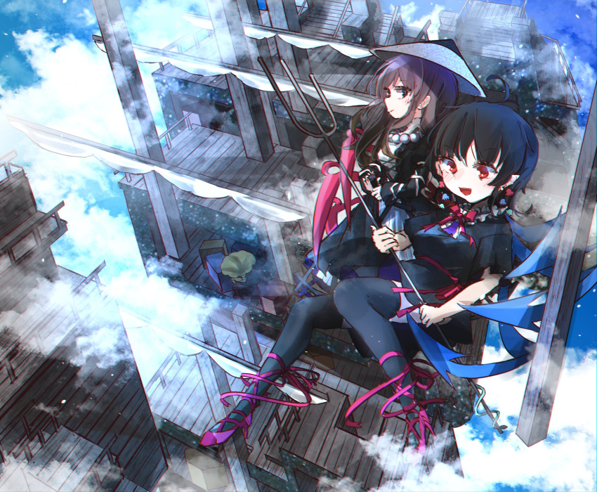 2girls :d ajirogasa arawara asymmetrical_wings beads black_dress black_hair blue_wings bow bowtie closed_mouth commentary_request cross-laced_clothes dress hat high_heels highres hijiri_byakuren houjuu_nue long_sleeves multiple_girls outdoors palanquin_ship pointy_ears prayer_beads red_bow red_bowtie red_eyes red_footwear red_wings short_hair short_sleeves sidelocks smile touhou wings