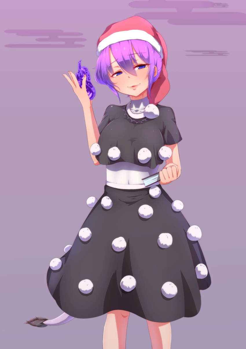 1girl black_capelet black_skirt blue_eyes blush book breasts capelet commentary_request doremy_sweet dream_soul egasumi feet_out_of_frame hair_between_eyes hat highres holding holding_book large_breasts looking_at_viewer nightcap parted_lips pom_pom_(clothes) purple_hair red_headwear shirt short_hair skirt smile solo tail tapir_tail touhou white_shirt yocchi_(tenyunkel)