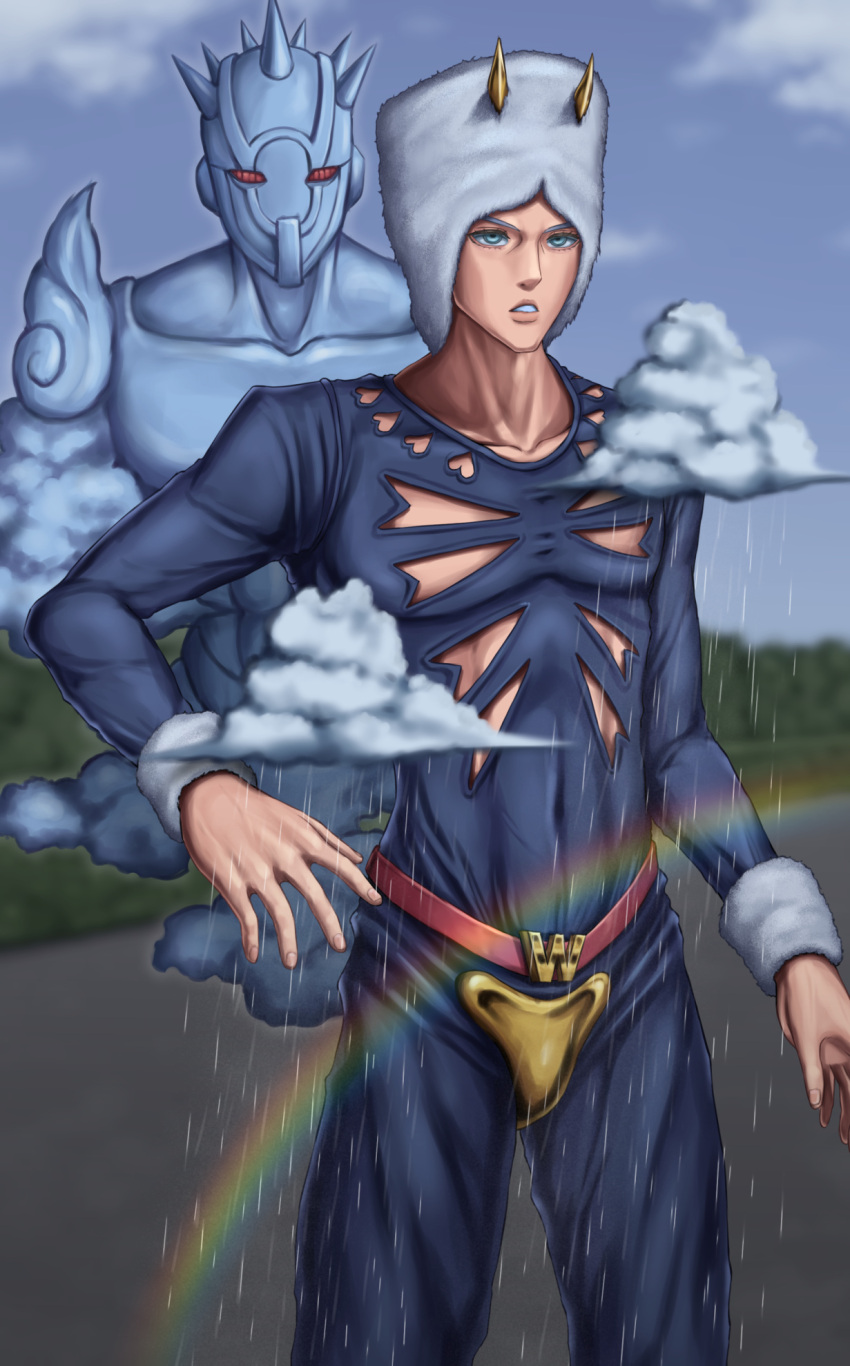 2boys blue_eyes bodysuit clothing_cutout clouds codpiece fake_horns fur_cuffs highres horned_hat horns jojo_no_kimyou_na_bouken multiple_boys rain rainbow ryoichi_ry01 stand_(jojo) stone_ocean weather_report weather_report_(stand)