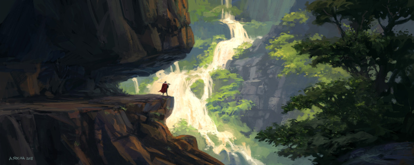 1boy andreas_rocha artist_name cape cliff highres holding holding_sword holding_weapon nature original outdoors over_shoulder path red_cape scenery sword tree water waterfall watermark weapon weapon_over_shoulder